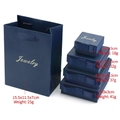 Dark blue textured jewelry gift box set with golden ribbon and matching paper handbag - 8.5x8.5x3.5cm / Dark Blue