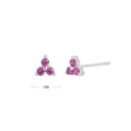 Detail view of 4mm silver triangle stud earrings featuring three pink zircons - White Gold Plated 925 Silver - Pink Zirconia