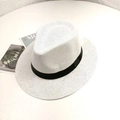 Classic white Panama sun hat with black ribbon band and elegant woven texture - M (56-58cm) / White
