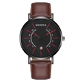 Fashion Geneva quartz watch with red hour markers, black dial, and brown leather strap - Orange Hands Black Dial Black Case Brown Strap