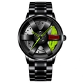 Men's black quartz watch with 3D car wheel hub design and neon green brake calipers - Stainless Steel Strap / Green