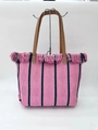Pink woven beach tote bag with pink-green tassel and brown shoulder straps - Pink & Green Stripes