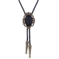 Vintage bronze bolo tie with black crown setting and oval stone on braided cord - 55 (Bronze with Black Stone)
