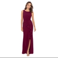 Elegant sleeveless wine red evening gown with side slit and ruffled waist detailing - US size 2 / Burgundy