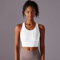 Dettaglio del reggiseno sportivo bianco con spalline larghe e fascia elastica alta - S / Bianco