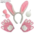 Pink and white plush bunny costume set with ears, bowtie, tail, and paw gloves - Pink Plush 4-Piece Set