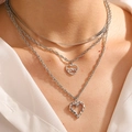 Silver multi-layer necklace with heart pendants and LOVE engraving on professional model - Silver Triple-Layer LOVE Heart Combined Pendant Style (01 White Gold Color Heart 1187)