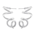 Polished silver spiral earrings featuring micro-paved white zircons on a white background - 1 Pair / White Gold