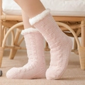 Pink knitted floor socks for women with white plush cuffs for cozy indoor warmth - One Size / Pink