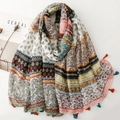 Bohemian geometric print cotton-linen scarf with colorful tassels on white background - Ethnic Style Multicolor Patchwork (SL2505-006)