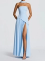 Light blue strapless maxi dress with a high slit and matching neck accessory - M / Light Blue