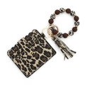 Leopard print leather wallet keychain with beaded wristlet and tassel charm set - Coffee Leopard