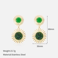 Detailed view of gold stainless steel sunflower earrings with zircon and size dimensions - Gold