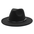 Detalle de sombrero fedora de lana negra con banda trenzada y hebilla de metal plateado - M (56-58cm) / Negro