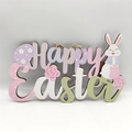 Colorful Happy Easter wooden sign featuring a bunny, eggs, and floral patterns with rope - Colorful Hollow Happy Easter
