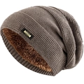 Berretto in maglia da uomo invernale con calda fodera in pile e logo classico - L (58-62cm) / Cachi
