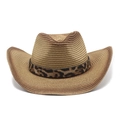 Classic straw cowboy hat with leopard print band and curved brim for outdoor style - M (56-58cm) / Light Wood Color