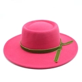 Detail of rose red wool felt fedora with olive green velvet ribbon and side tie knot - M (56-58cm) / Rose Red
