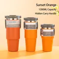 Drei orangefarbene vakuumisolierte Edelstahlbecher in den Größen 40oz 30oz und 20oz - Doppelter Trinkdeckel Sonnenuntergangsorange