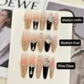 Luxury long press-on nails set with black and pink gradient crystals and metal chains - XS / Medium Coffin (837)
