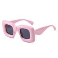 Y2K style pink thick frame square sunglasses with dark grey lenses in 45-degree view - Pink Frame Dark Grey Lens