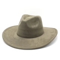 Detail of taupe suede wide brim fedora hat showing premium stitching and classic crown shape - M (56-59cm) / Army Green Suede