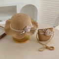 Detail of girls straw sun hat and matching bag with pink rose and pearl decorations - Head Circumference 54cm (3-8 Years) / Single Beanie - Khaki