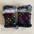 Black fingerless winter gloves with colorful iridescent dots and faux fur trim - One Size / Black Floral
