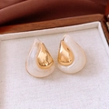 Macro view of teardrop resin earrings with 18K gold plated metal inlay in jewelry box - 925 Silver Pin/Resin/Copper / Water Drop Shape / Gold & Beige