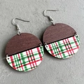 Detail of round wooden earrings with red and green plaid patterns in Bohemian style - Green Red White Plaid