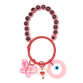 Detail of red Evil Eye keychain with pink butterfly and heart charms on metal ring - Red Black Evil Eye Butterfly Heart (BE1649RD03)