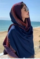 Detail of navy sun protection shawl with red ethnic patterns against a beach background - Dark Blue Gold Edge Totem (Ethnic Style-19)