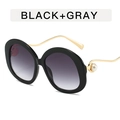 Retro round black sunglasses with gray gradient lenses and large pearl metal temples - Bright Black / Gradient Gray