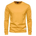 Close-up of white woven label on hem and brand print inside the ginger yellow T-shirt - Bright Yellow