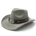 Ethnic western cowboy hat in sage green faux suede with bull head metal buckle and star rivets - M (56-58cm) / Army Green