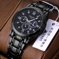 Luxury black stainless steel quartz men's watch with moon phase and leather display box - Sport Black Band Black Dial