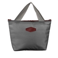 Graue isolierte Lunchtasche mit burgunderroten Griffen und sechseckigem Leder-Logo - Grau