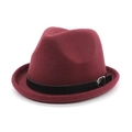 Detail of burgundy wool fedora with black leather band and silver buckle closure - M(56-59CM) / Burgundy