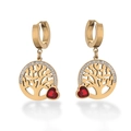 Gold-plated Tree of Life drop earrings with clear zircons and a red heart gemstone - Tree of Life / 44315 / Gold / Red Heart Zirconia