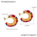 Golden titanium steel C-shaped earrings inlaid with natural mixed color stones - Natural Mixed Color Stone Gold Earrings (F976)
