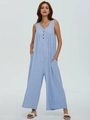 Detail van een lichtblauwe gestreepte mouwloze jumpsuit met zijzakken - S / Blauw