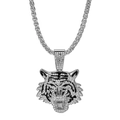 Detail of silver tiger head pendant with inlaid rhinestones and black enamel accents - Silver Pendant + 5mm Wheat Chain/60cm
