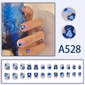 Summer blue marbled press-on nails set with abstract heart designs for a cool aesthetic - Blue Gradient Heart Style (A528) / Glue Type