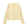 Detail of light yellow knit cardigan featuring ruffled cuffs and hem with button closure - S / Light Yellow