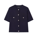 Detail of navy knit cardigan featuring golden buttons and decorative front pockets - XS / Tops / Navy Blue