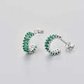 S925 silver hoop earrings featuring emerald-cut green cubic zirconia stones in detail - Platinum / Green Zirconia
