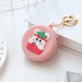 Pink strawberry bear round silicone coin purse with gold keychain and zipper closure - Strawberry Rabbit