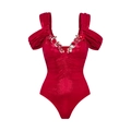 Costume intero rosa metallizzato con ricamo a farfalla 3D e design a pieghe - S / Costume da bagno rosso