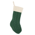 Calza natalizia in maglia a trecce verde scuro con bordo bianco e gancio per appendere - Calza in maglia patchwork verde