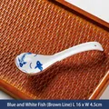 Japanese ceramic soup spoon with blue mackerel pattern and brown rim 16x4.5cm - Blue White Fish-Brown Line